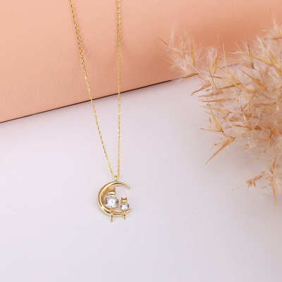 14k Gold Filled Silver Zircon Moon Necklace with Dainty Cat and Crystal, Elegant Mom and Baby Cats Jewelry