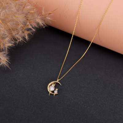 14k Gold Filled Silver Zircon Moon Necklace with Dainty Cat and Crystal, Elegant Mom and Baby Cats Jewelry