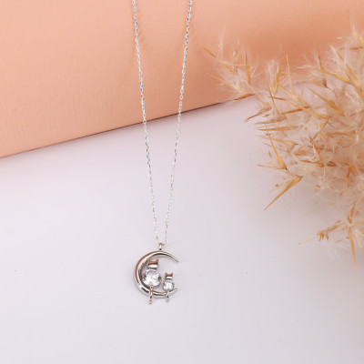 14k Gold Filled Silver Zircon Moon Necklace with Dainty Cat and Crystal, Elegant Mom and Baby Cats Jewelry