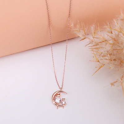 14k Gold Filled Silver Zircon Moon Necklace with Dainty Cat and Crystal, Elegant Mom and Baby Cats Jewelry