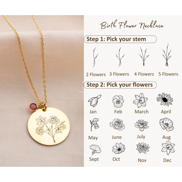 Custom Engraved Birth Month Flower Necklace - Mother's Day Gift - May Birthflower Jewelry