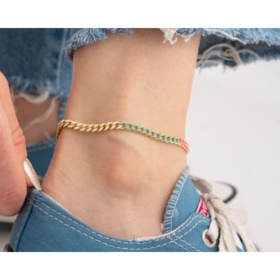 Gold and Sterling Silver Curb Cuban Chain Anklet with Enamel for Women -