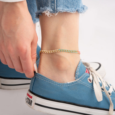 Gold and Sterling Silver Curb Cuban Chain Anklet with Enamel for Women -