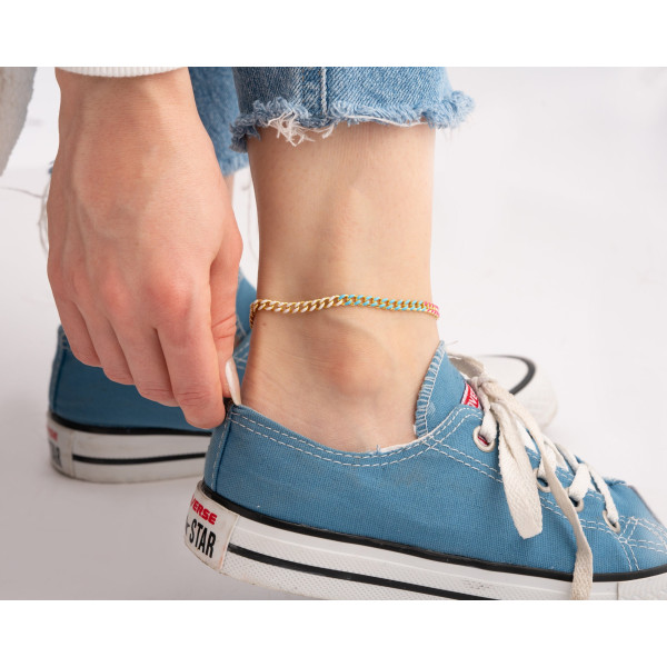 Gold and Sterling Silver Curb Cuban Chain Anklet with Enamel for Women -