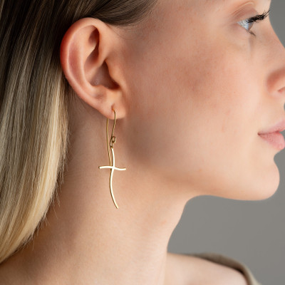 14K Gold Plated Sterling Silver Dainty Cross Dangle Earrings Bridal Jewelry