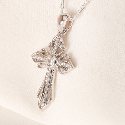 Sterling Silver Diamond Pave Cross Necklace for Women - Delicate Cross Gift for Mom