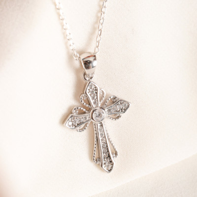 Sterling Silver Diamond Pave Cross Necklace for Women - Delicate Cross Gift for Mom