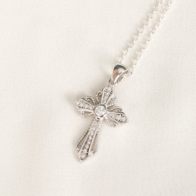 Sterling Silver Diamond Pave Cross Necklace for Women - Delicate Cross Gift for Mom