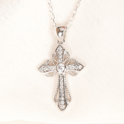 Sterling Silver Diamond Pave Cross Necklace for Women - Delicate Cross Gift for Mom