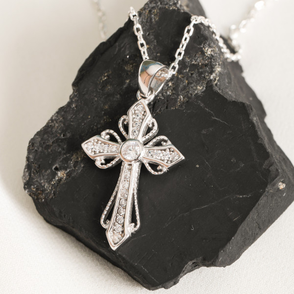 Sterling Silver Diamond Pave Cross Necklace for Women - Delicate Cross Gift for Mom