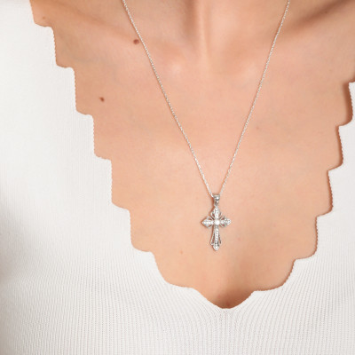 Sterling Silver Diamond Pave Cross Necklace for Women - Delicate Cross Gift for Mom