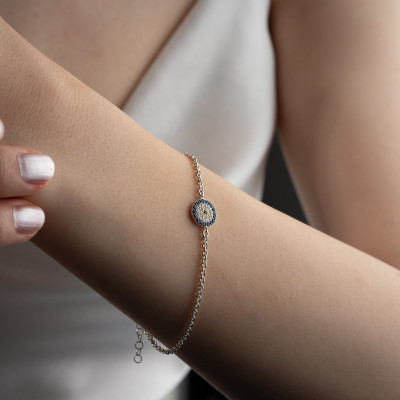 Rose Gold Blue Stone Turkish Evil Eye Protection Bracelet for Women - Dainty Mother's Day Gift