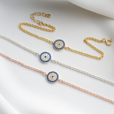 Rose Gold Blue Stone Turkish Evil Eye Protection Bracelet for Women - Dainty Mother's Day Gift