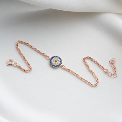 Rose Gold Blue Stone Turkish Evil Eye Protection Bracelet for Women - Dainty Mother's Day Gift