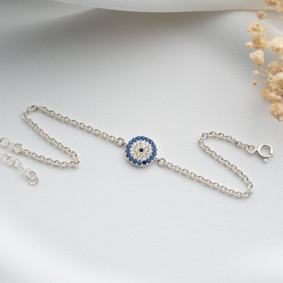 Rose Gold Blue Stone Turkish Evil Eye Protection Bracelet for Women - Dainty Mother's Day Gift