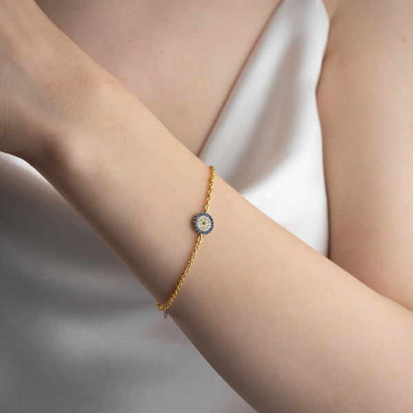 Rose Gold Blue Stone Turkish Evil Eye Protection Bracelet for Women - Dainty Mother's Day Gift