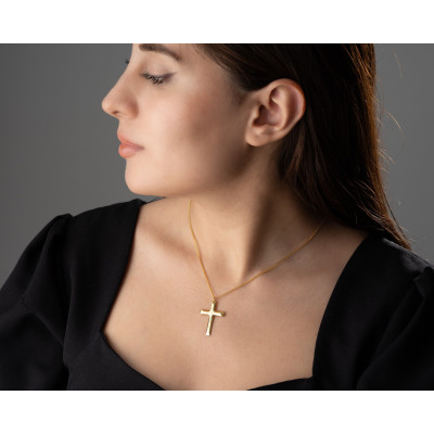 Sterling Silver Dainty Gold Cross Necklace for Women - Baptism & Religious Christian Gift with Curb Chain -