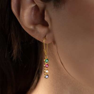 Gold Multi-Birthstone Dangle Earrings for Mom - Minimalist May Birthstone Jewelry