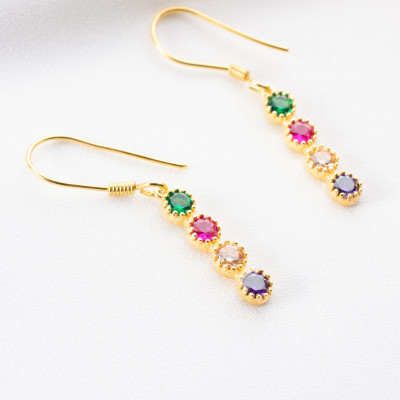 Gold Multi-Birthstone Dangle Earrings for Mom - Minimalist May Birthstone Jewelry