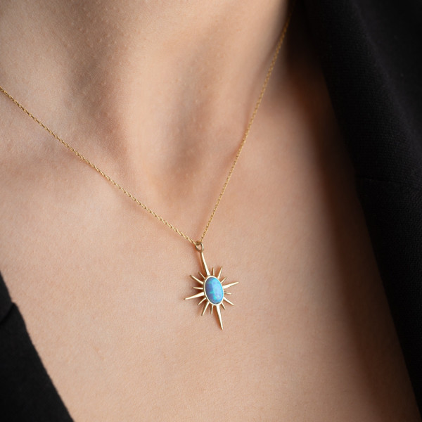 Minimalist Blue Opal North Star Pendant Necklace for Women, Rose Gold & Silver, Christmas Gift for Mom, Dainty Gemstone Jewelry