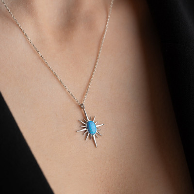 Minimalist Blue Opal North Star Pendant Necklace for Women, Rose Gold & Silver, Christmas Gift for Mom, Dainty Gemstone Jewelry