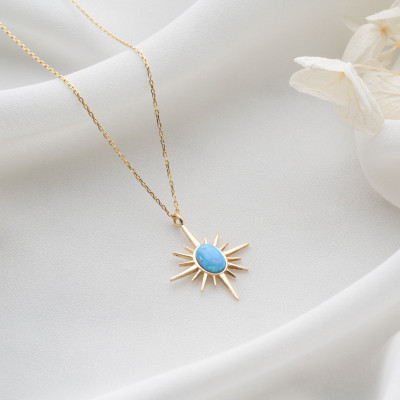 Minimalist Blue Opal North Star Pendant Necklace for Women, Rose Gold & Silver, Christmas Gift for Mom, Dainty Gemstone Jewelry