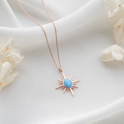 Minimalist Blue Opal North Star Pendant Necklace for Women, Rose Gold & Silver, Christmas Gift for Mom, Dainty Gemstone Jewelry