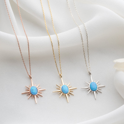 Minimalist Blue Opal North Star Pendant Necklace for Women, Rose Gold & Silver, Christmas Gift for Mom, Dainty Gemstone Jewelry