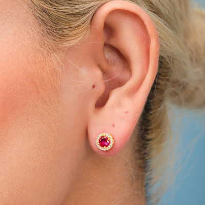 Sterling Silver Red Ruby Stud Earrings with Halo Diamond Pave - July Birthstone Gift for Her