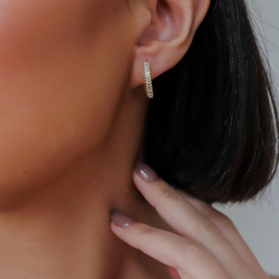 Gold Dainty Hoop Earrings with Baguette Stones - Tiny Pave Huggie Hoops, Perfect Gift for Women