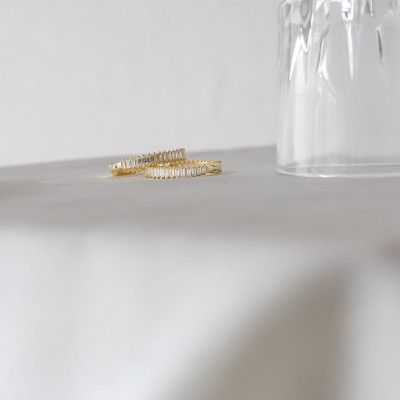 Gold Dainty Hoop Earrings with Baguette Stones - Tiny Pave Huggie Hoops, Perfect Gift for Women