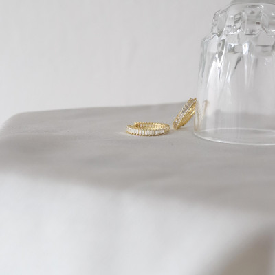 Gold Dainty Hoop Earrings with Baguette Stones - Tiny Pave Huggie Hoops, Perfect Gift for Women