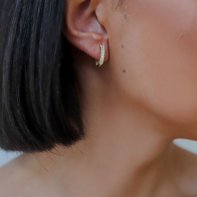 Gold Dainty Hoop Earrings with Baguette Stones - Tiny Pave Huggie Hoops, Perfect Gift for Women