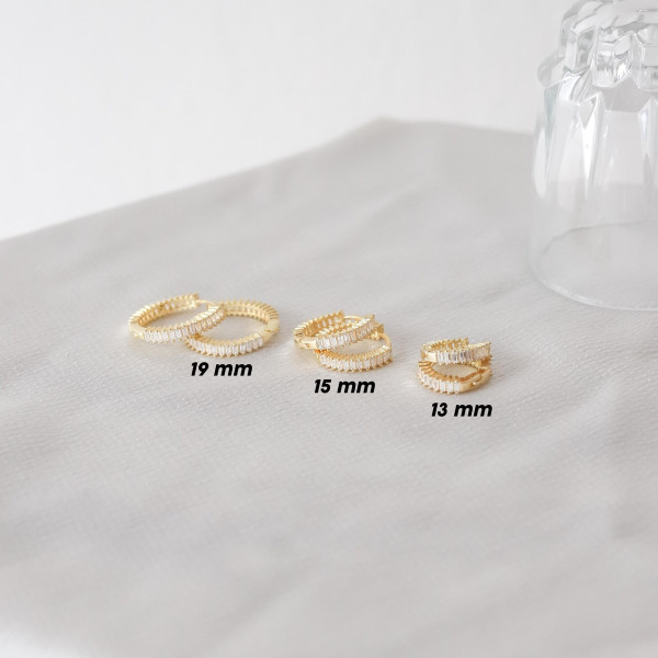 Gold Dainty Hoop Earrings with Baguette Stones - Tiny Pave Huggie Hoops, Perfect Gift for Women