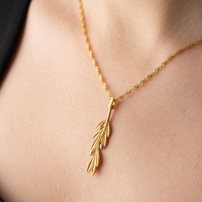 Gold Filled Olive Branch Talisman Necklace for Women - Minimalist Silver Olive Leaf Charm on Singapore Chain