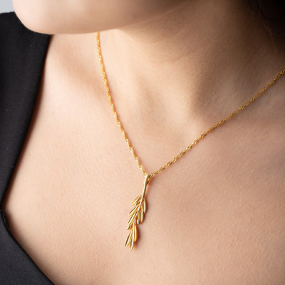 Gold Filled Olive Branch Talisman Necklace for Women - Minimalist Silver Olive Leaf Charm on Singapore Chain