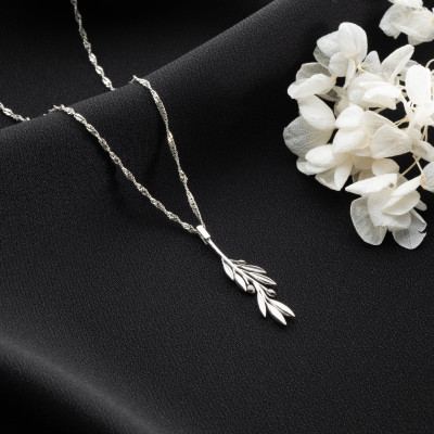 Gold Filled Olive Branch Talisman Necklace for Women - Minimalist Silver Olive Leaf Charm on Singapore Chain