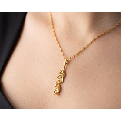 Gold Olive Branch Charm Talisman Necklace for Women - Minimalist Silver Leaf Pendant on Singapore Chain -