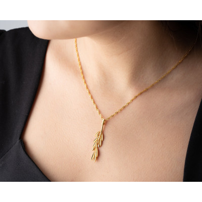 Gold Olive Branch Charm Talisman Necklace for Women - Minimalist Silver Leaf Pendant on Singapore Chain -