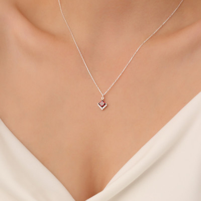 Ruby Princess Cut Diamond Pave Necklace - Delicate July Birthstone Gift for Her