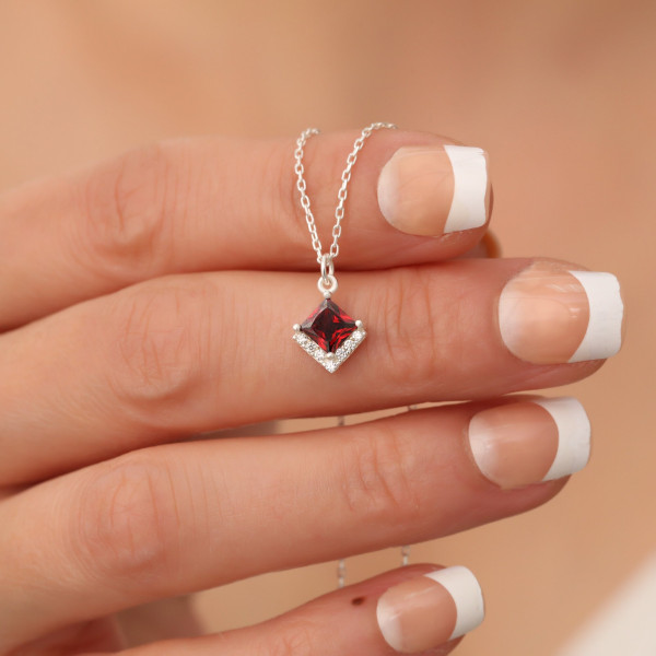 Ruby Princess Cut Diamond Pave Necklace - Delicate July Birthstone Gift for Her