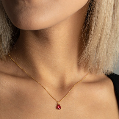 Ruby Silver Necklace - Dainty Ruby Choker, Tiny Beads, Long Chain, Red Design