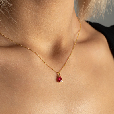 Ruby Silver Necklace - Dainty Ruby Choker, Tiny Beads, Long Chain, Red Design