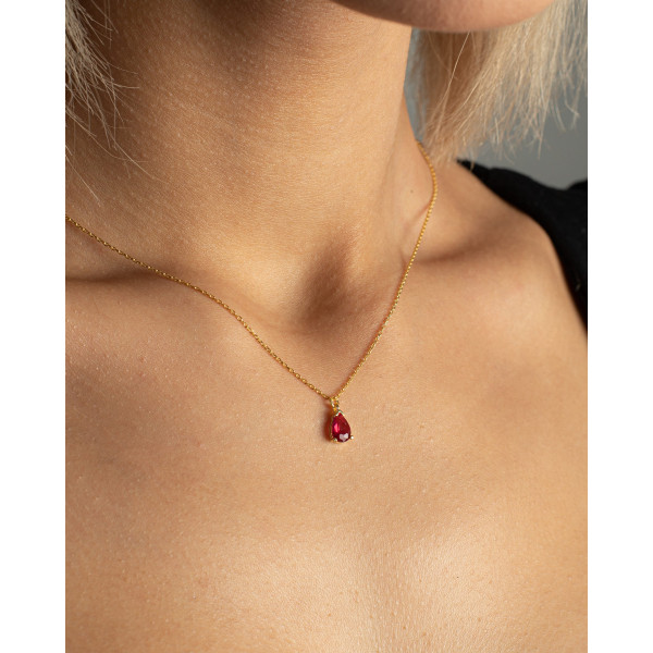 Ruby Silver Necklace - Dainty Ruby Choker, Tiny Beads, Long Chain, Red Design