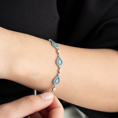 Sterling Silver Evil Eye Bracelet with Quartz Stone for Women, Gift for Mom, Box Chain Bracelet