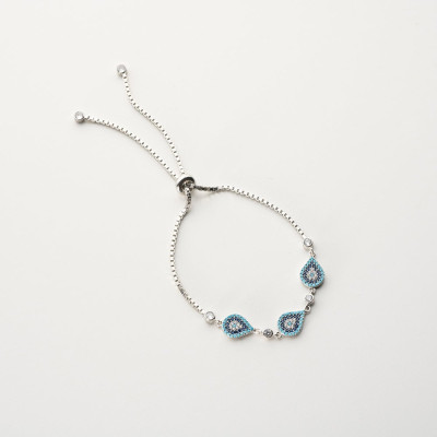 Sterling Silver Evil Eye Bracelet with Quartz Stone for Women, Gift for Mom, Box Chain Bracelet