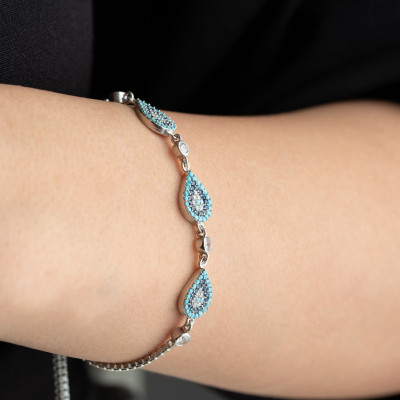 Sterling Silver Evil Eye Bracelet with Quartz Stone for Women, Gift for Mom, Box Chain Bracelet