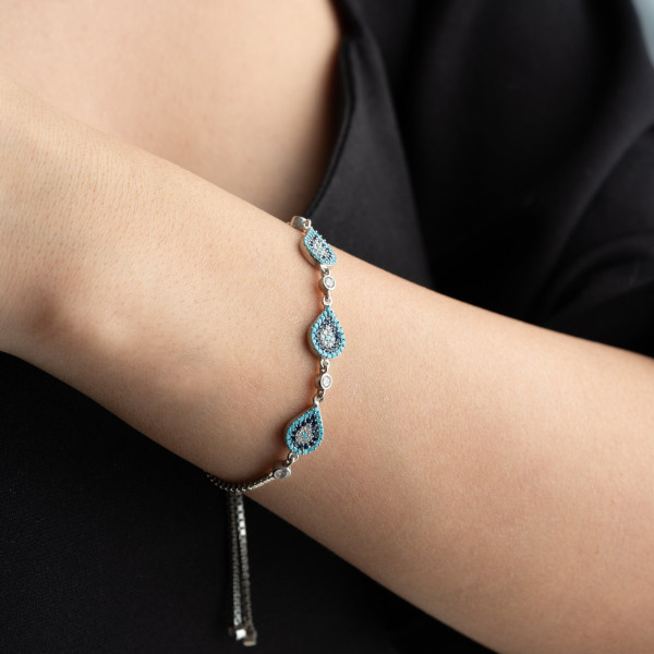 Sterling Silver Evil Eye Bracelet with Quartz Stone for Women, Gift for Mom, Box Chain Bracelet