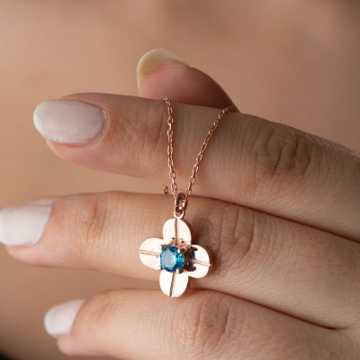 Sterling Silver Four Leaf Clover Necklace with Citrine Birthstone, Gold Blue Topaz Necklace - Perfect Mom Birthday Gift for Women,