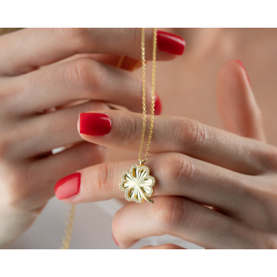 14k Gold Filled Four Leaf Clover Necklace with Silver Zircon Stones,